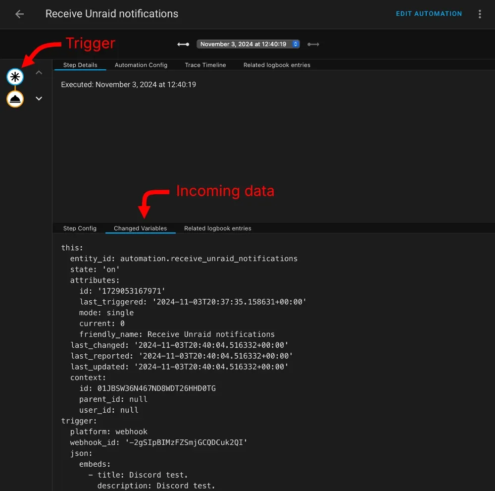 Screenshot of the incoming request data in Home Assistant