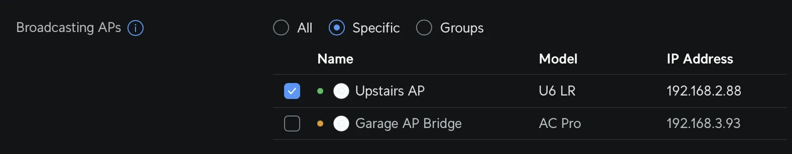 WiFi network broadcasting AP setting, set to 'Specific'