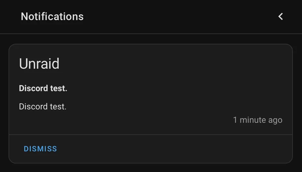 Unraid test notification in the Home Assistant notifications pane.