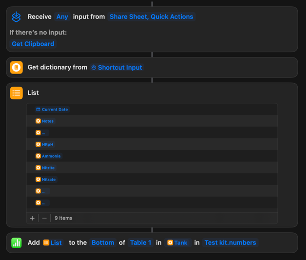 Screenshot of the Shortcut actions