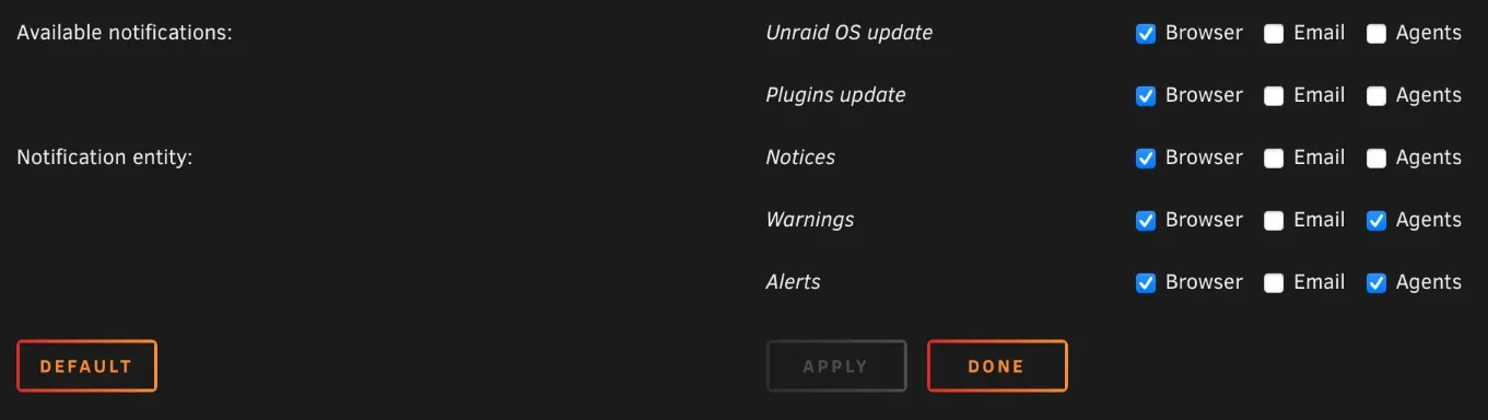Screenshot of Unraid's notification delivery preferences, which are presented as a grid of checkboxes
