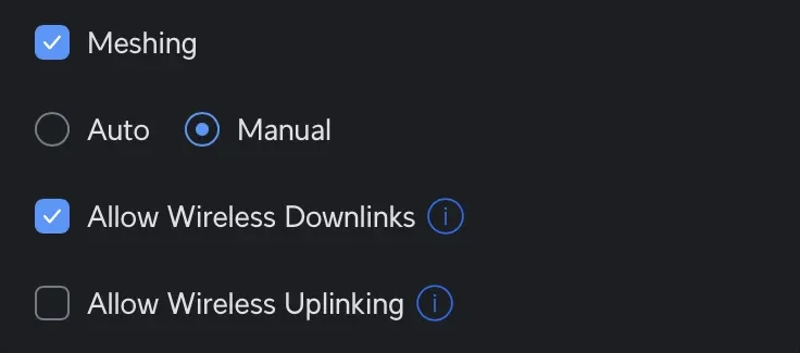 Wired AP meshing settings set to 'Manual' and 'Allow Wireless Downlinking' is checked