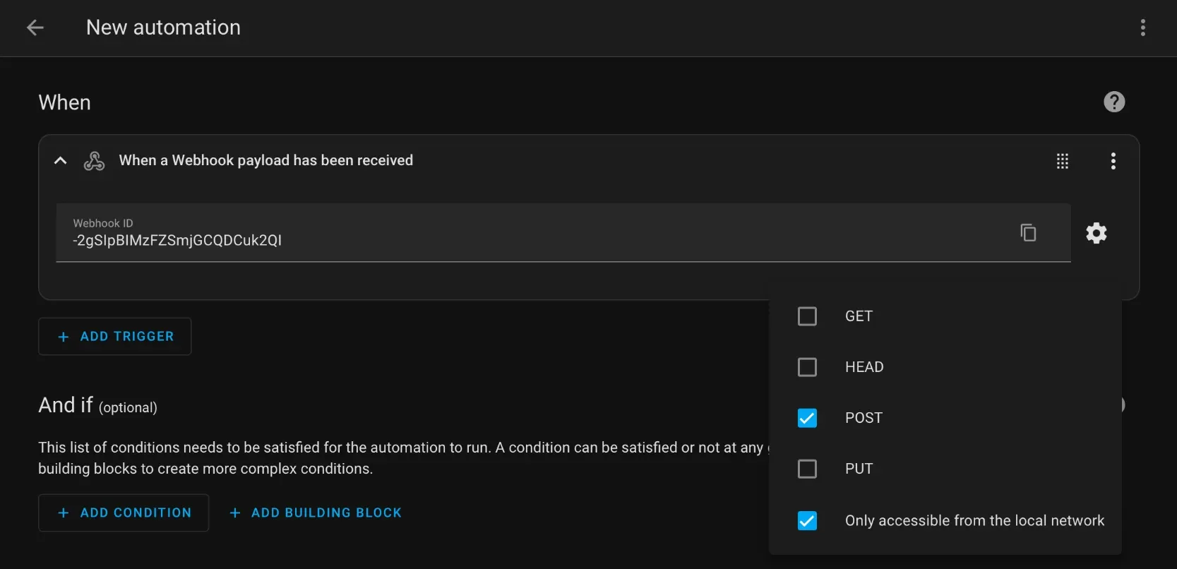 Checklist with GET, HEAD, POST, PUT, and 'Only accessible from the local network' checkboxes