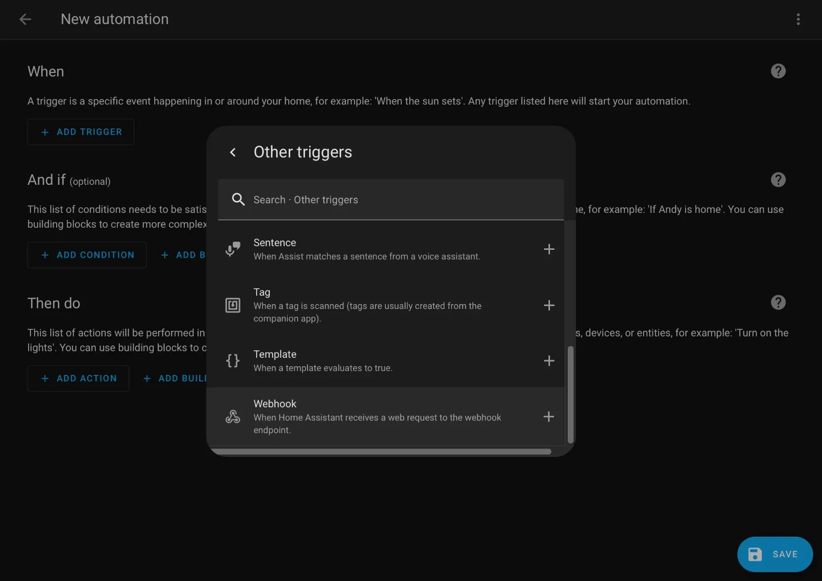 Screenshot of selecting the webhook automation trigger type
