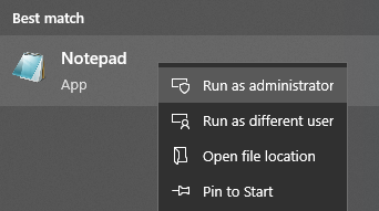 Screenshot of running Notepad as administrator
